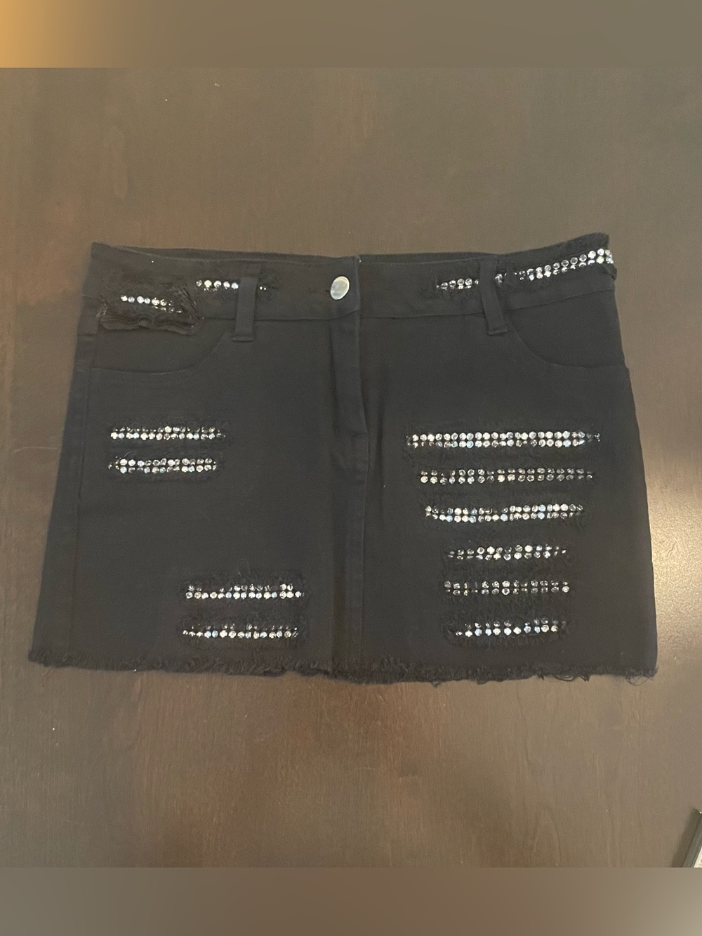 Black Rhinestone Distressed Mini Skirt